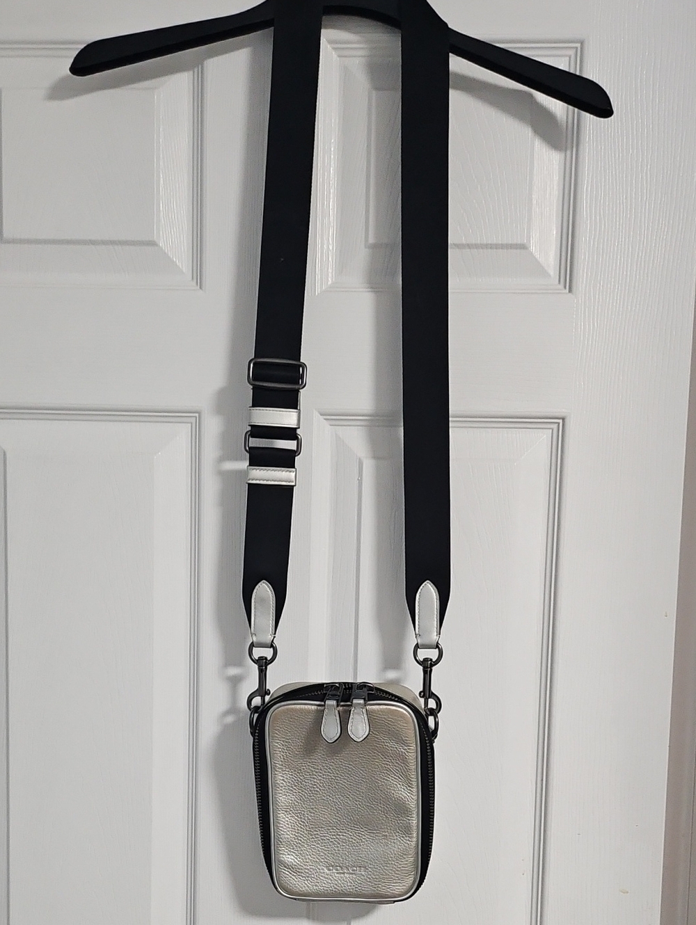 Coach Silver Leather Crossbody Pouch with Black Strap